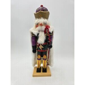 Vintage Kurt S Adler Nutcracker Santa Wood 15" White Faux Fur Coat Holding bells